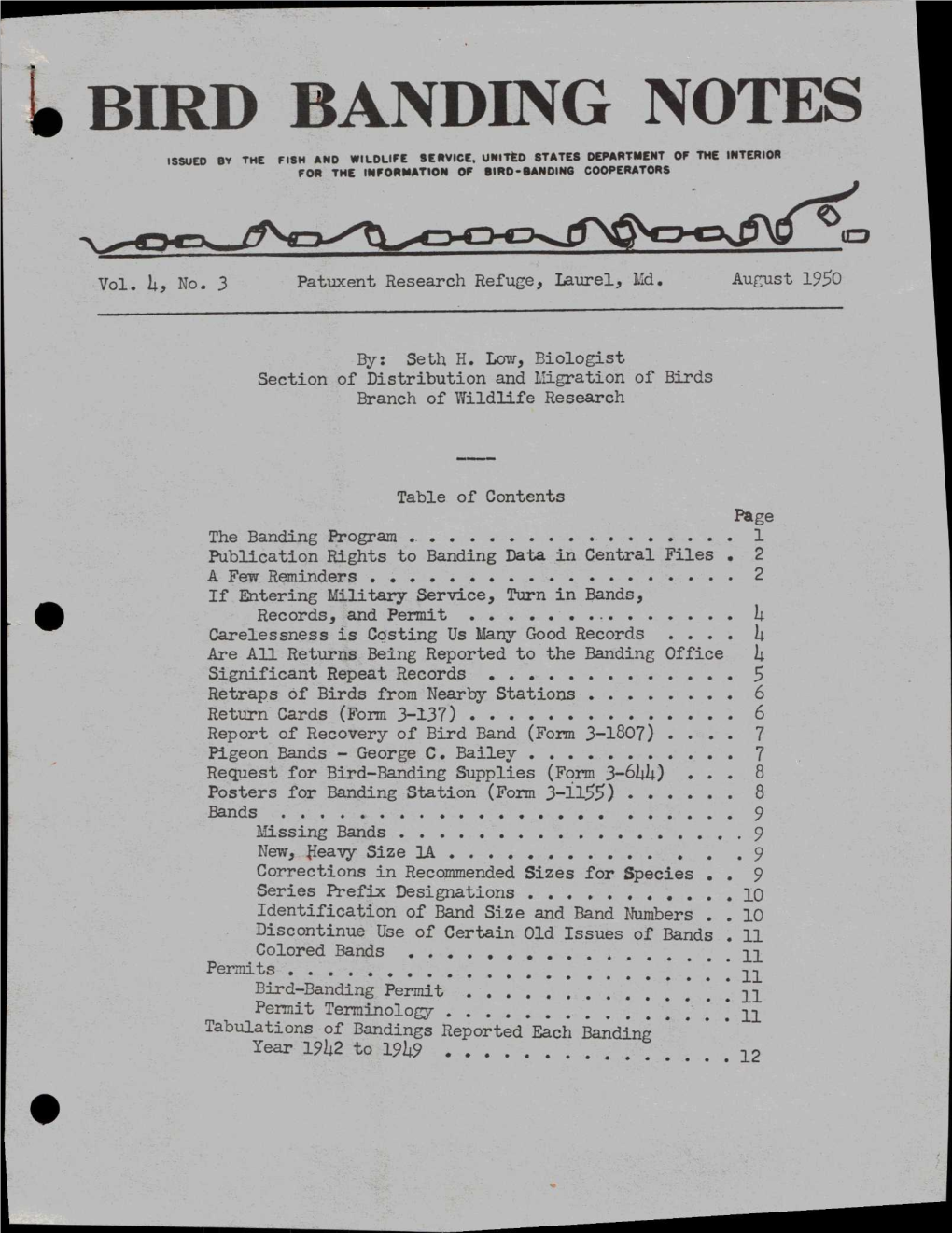 Bird Banding Notes Issued by the Fish and Wildlife Service, United States Department of the Interior for the Information of Bird-Banding Cooperators