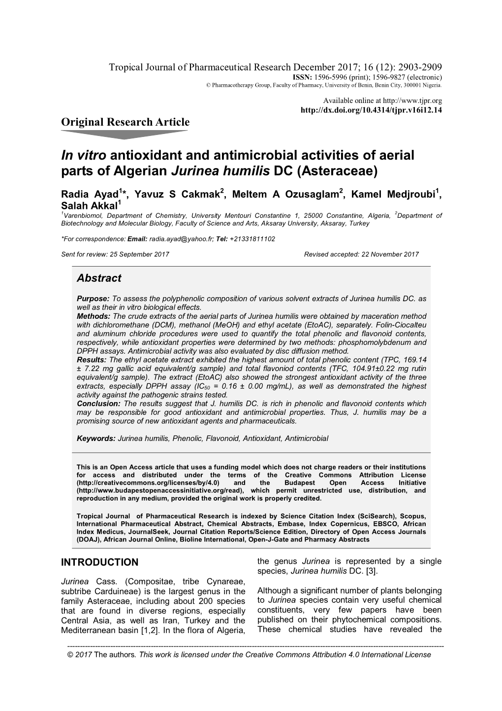 In Vitro Antioxidant and Antimicrobial Activities of Aerial Parts of Algerian Jurinea Humilis DC (Asteraceae)