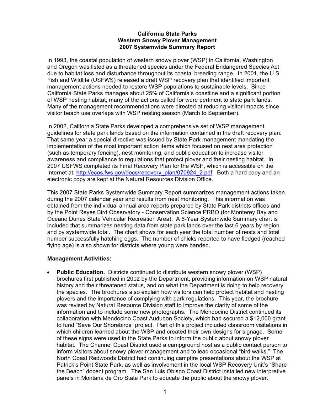 California State Parks Western Snowy Plover Management 2007 Systemwide Summary Report