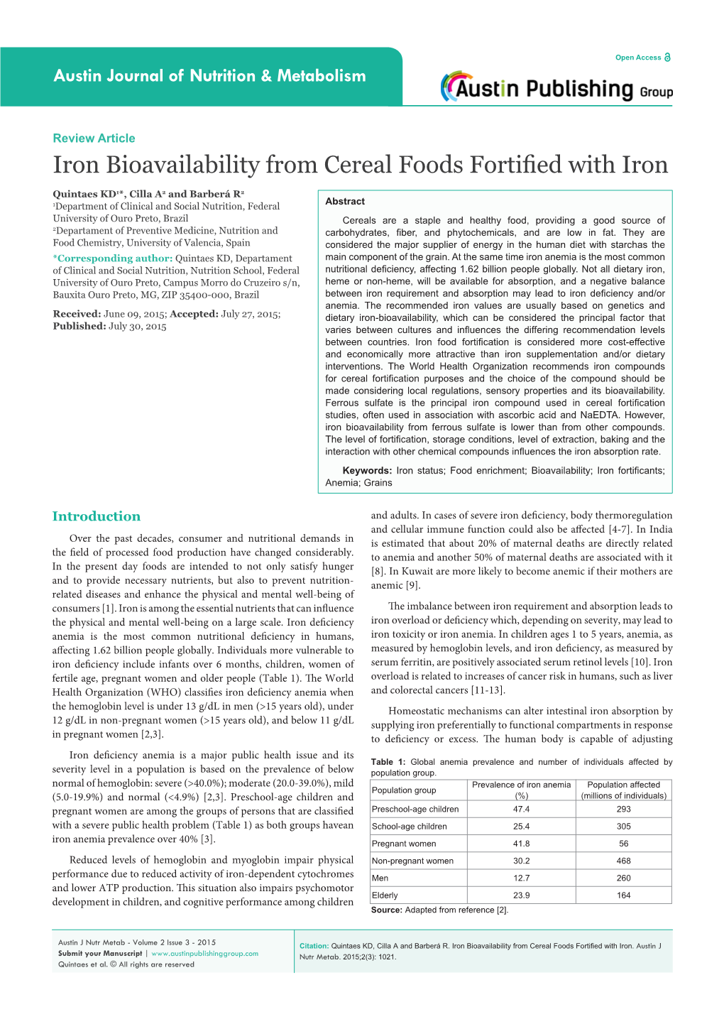 Iron Bioavailability from Cereal Foods Fortified with Iron