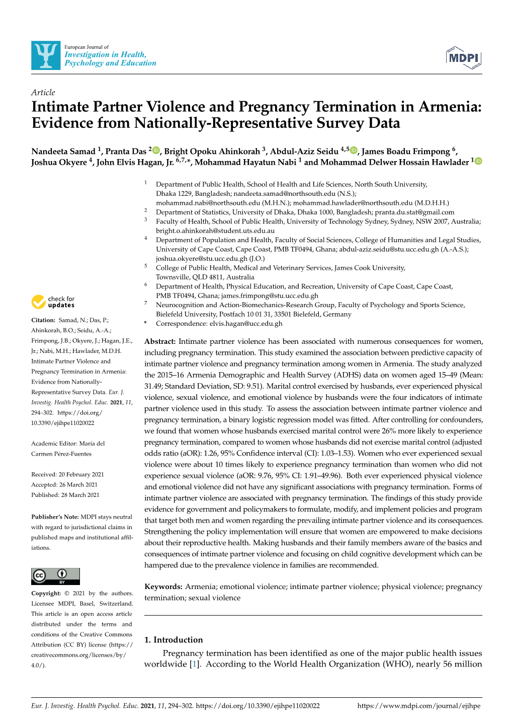 Intimate Partner Violence and Pregnancy Termination in Armenia: Evidence from Nationally-Representative Survey Data