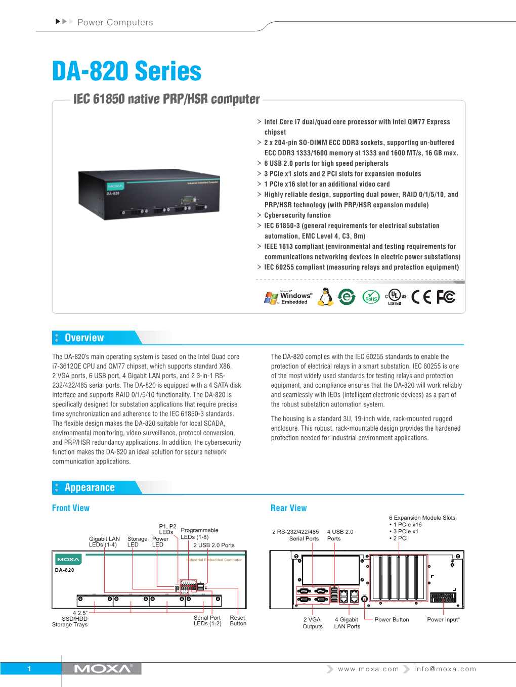 DA-820 Series IEC 61850 Native PRP/HSR Computer