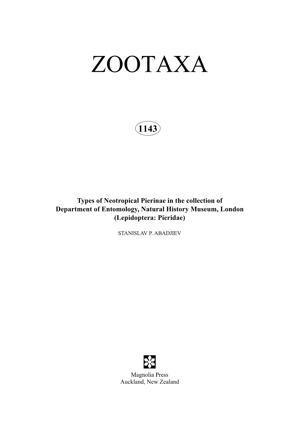 Zootaxa, Types of Neotropical Pierinae in BMNH (Lepidoptera