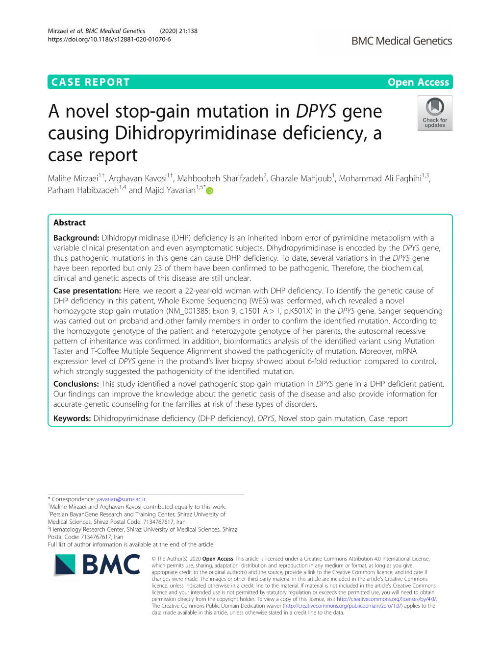 A Novel Stop-Gain Mutation in DPYS Gene Causing Dihidropyrimidinase