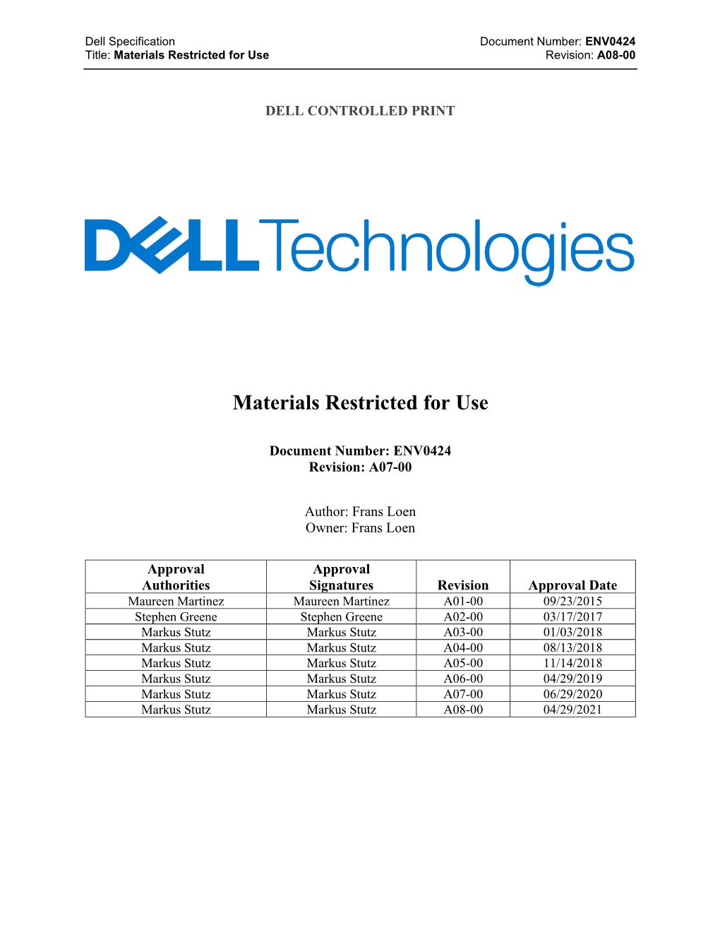 Dell Materials Restricted for Use Specification