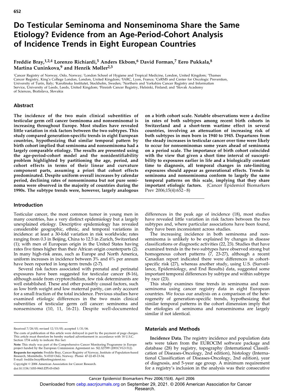 Do Testicular Seminoma and Nonseminoma Share the Same Etiology? Evidence from an Age-Period-Cohort Analysis of Incidence Trends in Eight European Countries