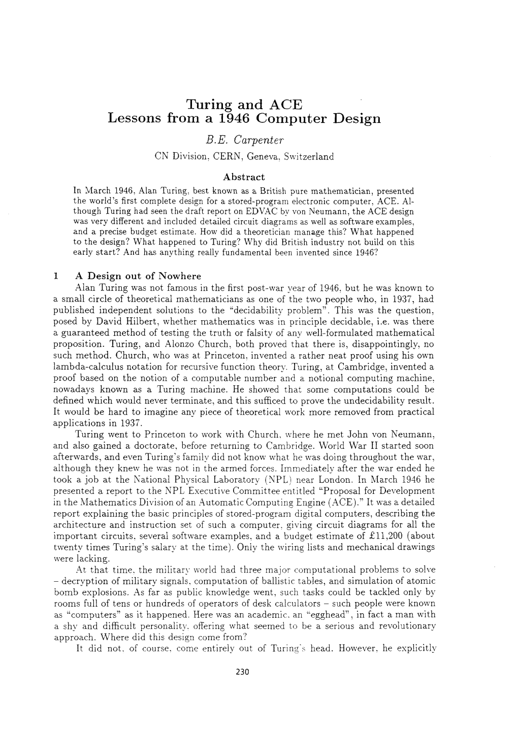 Turing and ACE Lessons from a 1946 Computer Design B.E