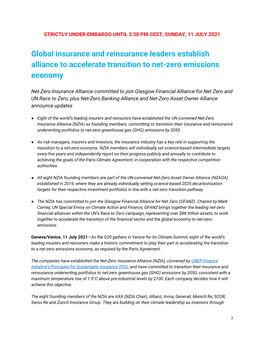 Global Insurance and Reinsurance Leaders Establish Alliance to Accelerate Transition to Net-Zero Emissions Economy