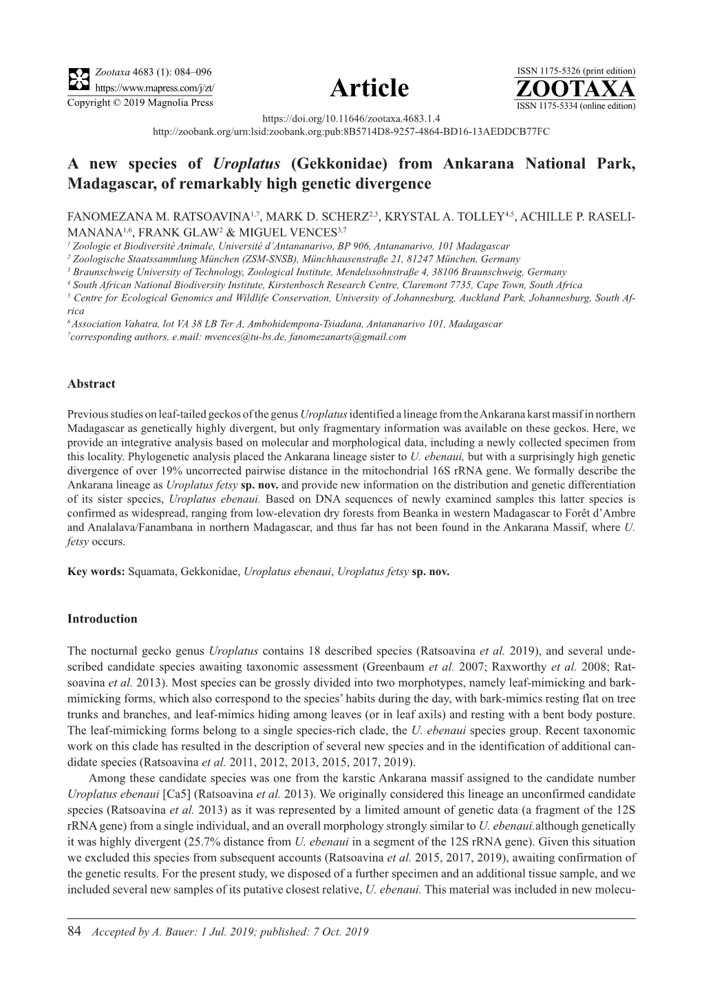 A New Species of Uroplatus (Gekkonidae) from Ankarana National Park, Madagascar, of Remarkably High Genetic Divergence