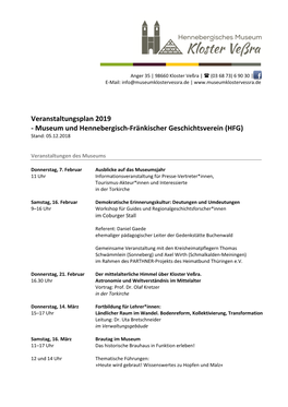 Veranstaltungsplan 2019 - Museum Und Hennebergisch-Fränkischer Geschichtsverein (HFG) Stand: 05.12.2018