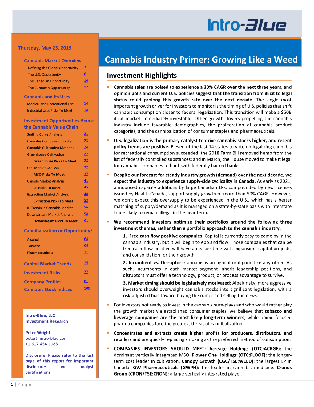 Cannabis Industry Primer: Growing Like a Weed Defining the Global Opportunity 2 the U.S