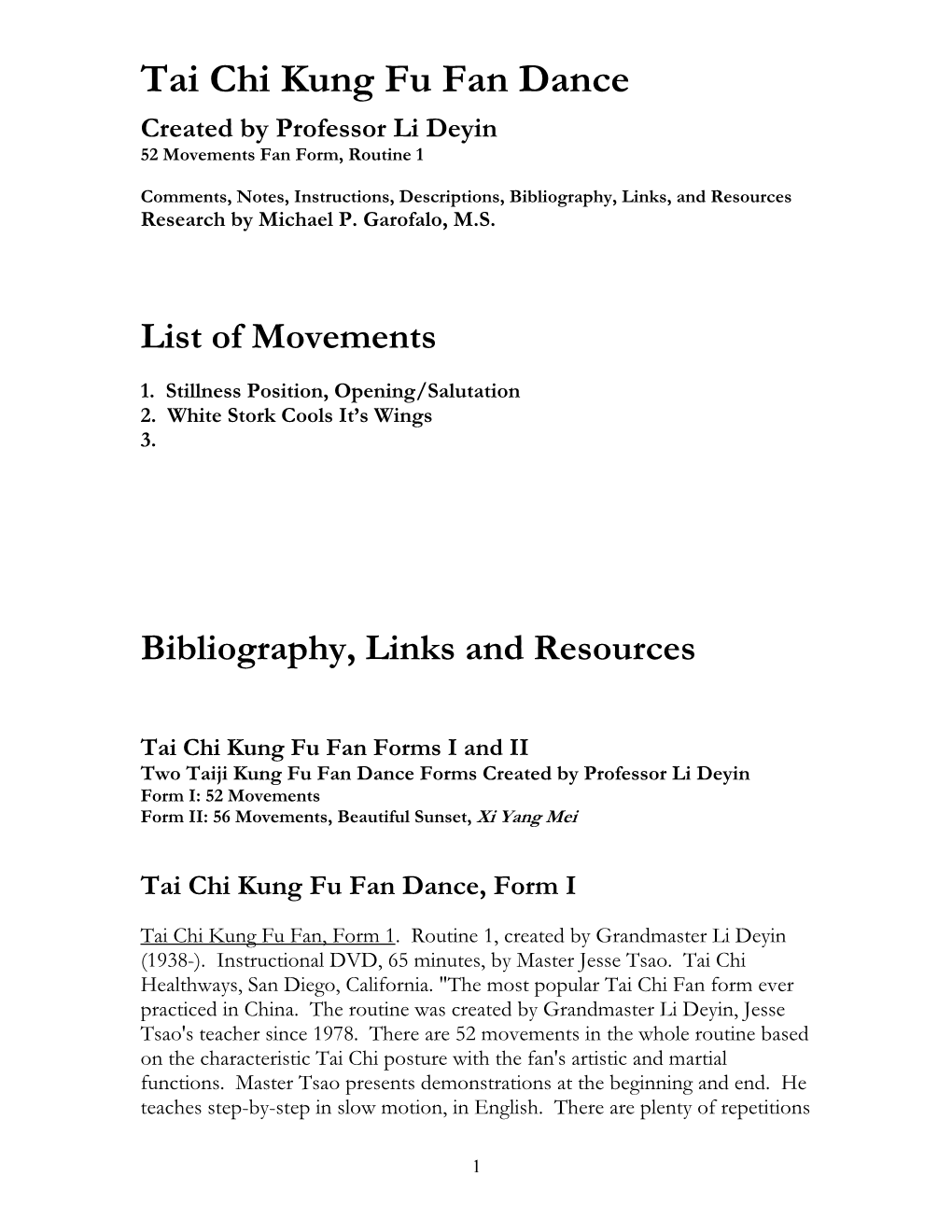 Tai Chi Kung Fu Fan Dance by Li Deyin: List of Movements, Notes, Bibliography, Resources