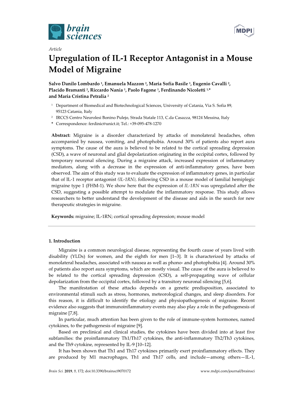 Upregulation of IL-1 Receptor Antagonist in a Mouse Model of Migraine
