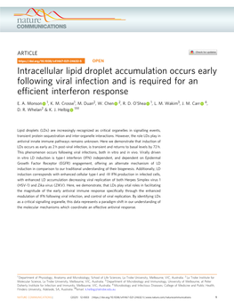 Intracellular Lipid Droplet Accumulation Occurs Early Following Viral Infection and Is Required for an Efﬁcient Interferon Response