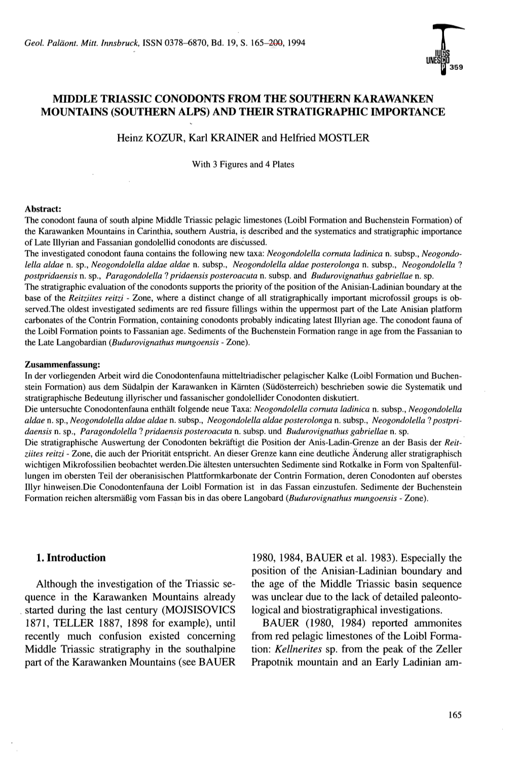 Middle Triassic Conodonts from the Southern Karawanken Mountains (Southern Alps) and Their Stratigraphic Importance