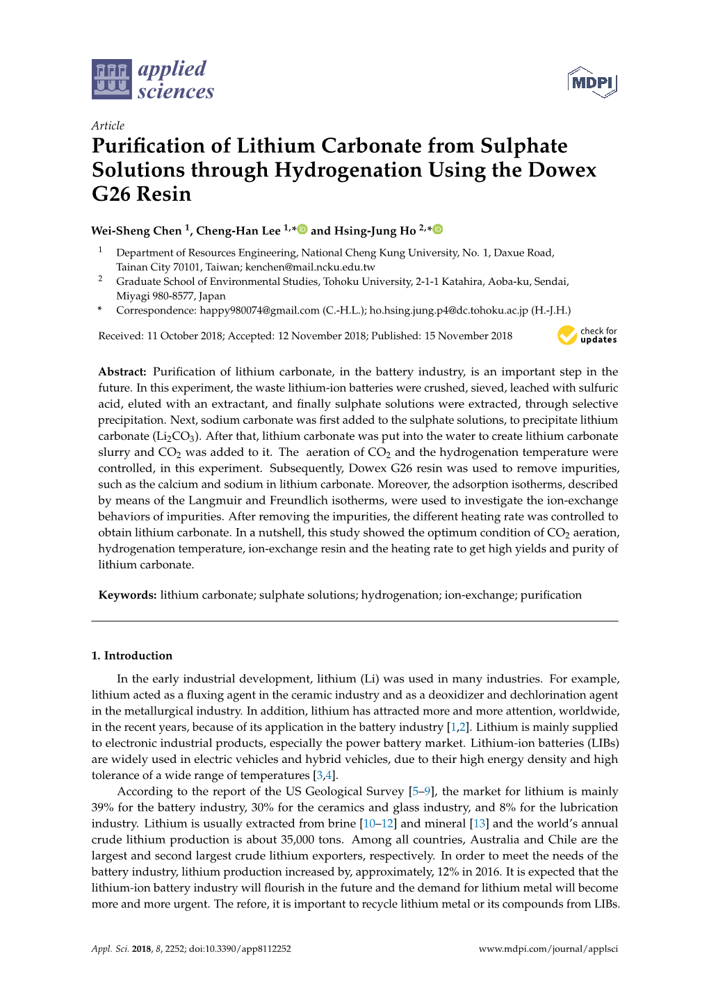 Purification of Lithium Carbonate from Sulphate Solutions Through