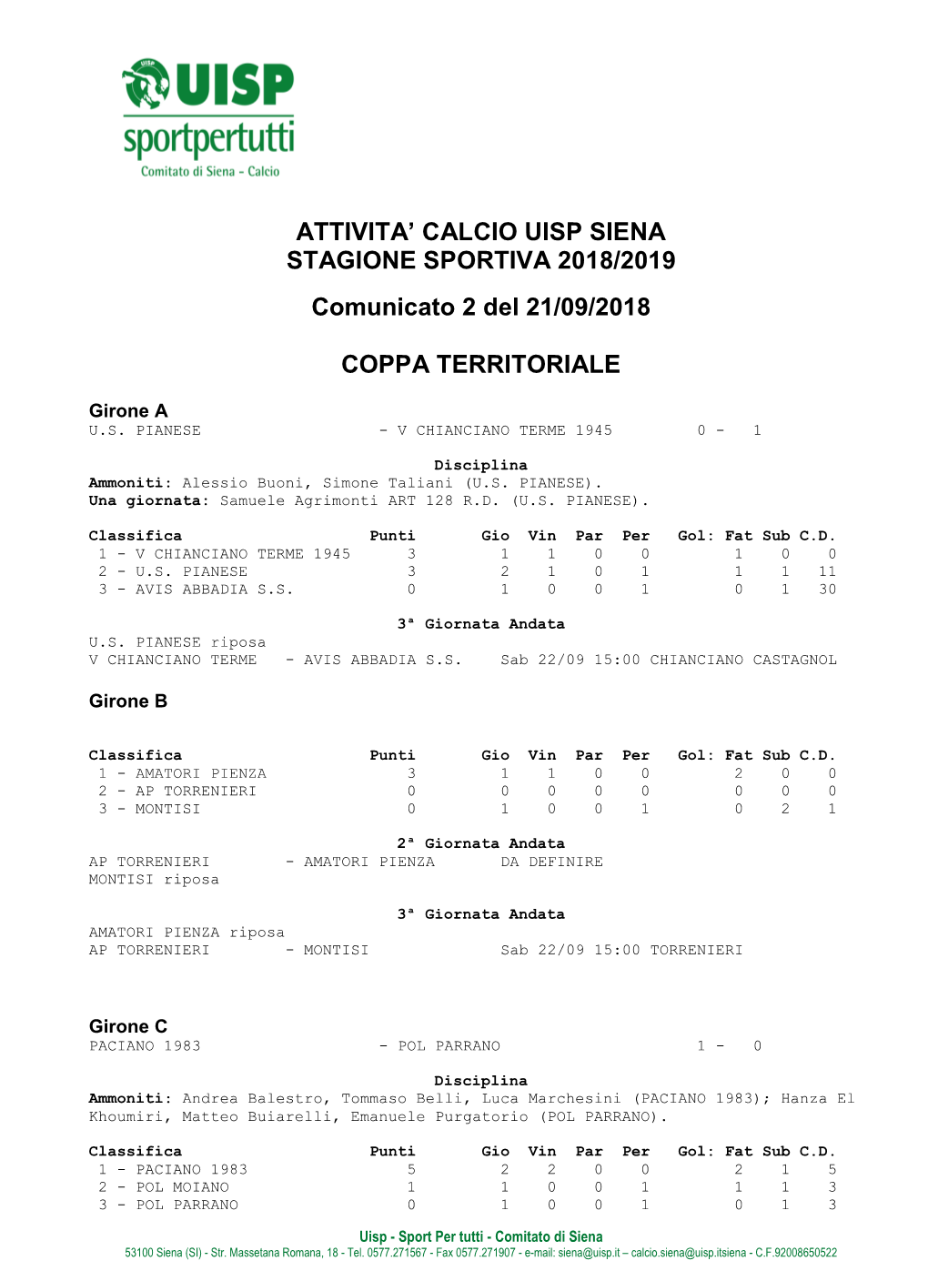 Comunicato N. 02 Del 21/09/2018