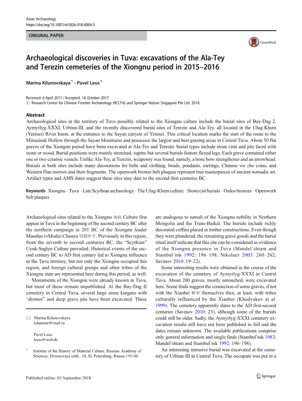 Tuva Ala Tey Bericht in Asian Archaeology 2018.Pdf