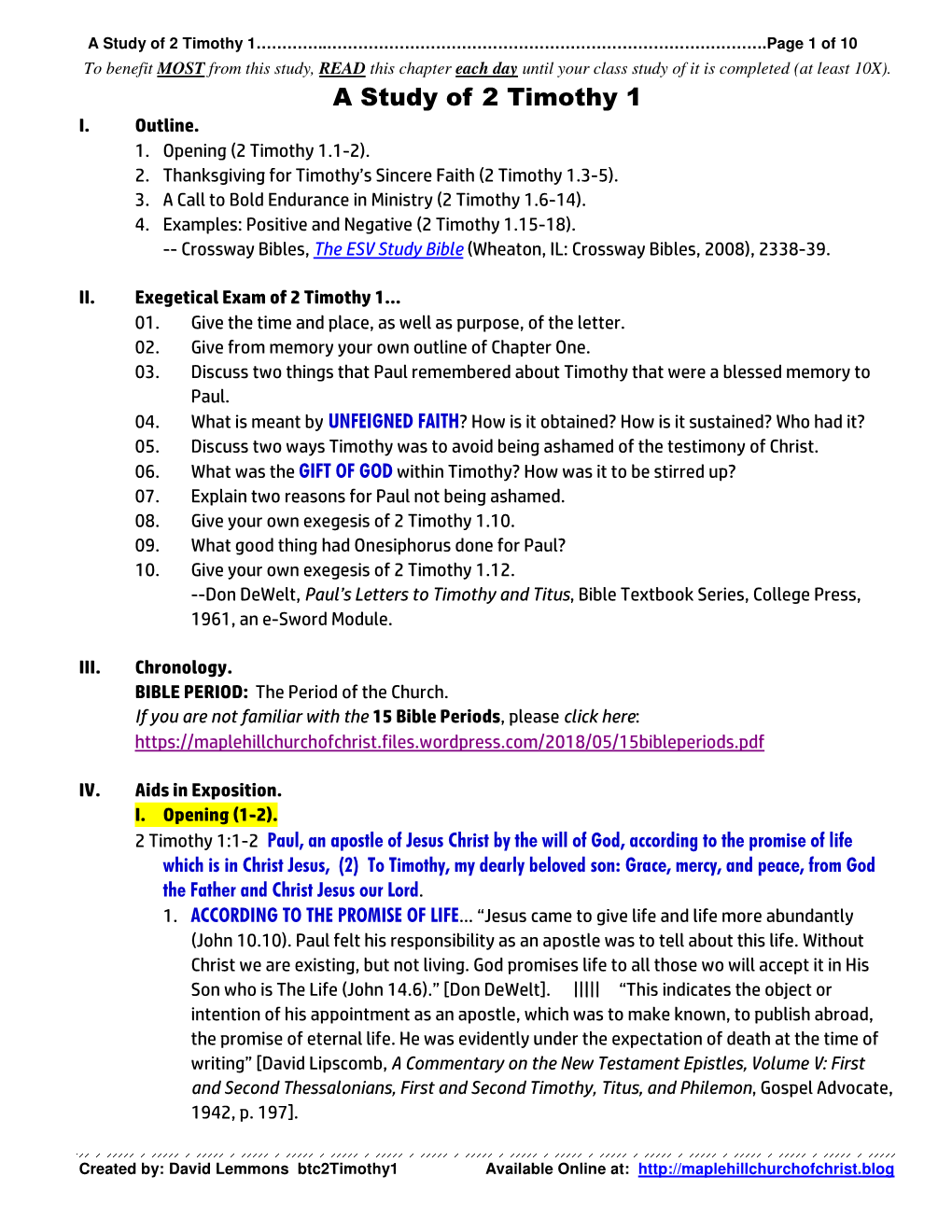 A Study of 2 Timothy 1