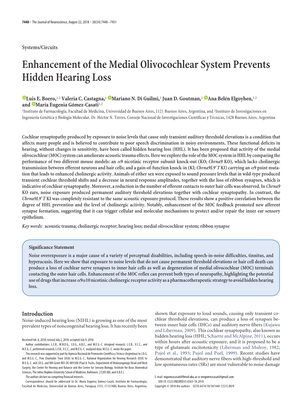 Enhancement of the Medial Olivocochlear System Prevents Hidden Hearing Loss