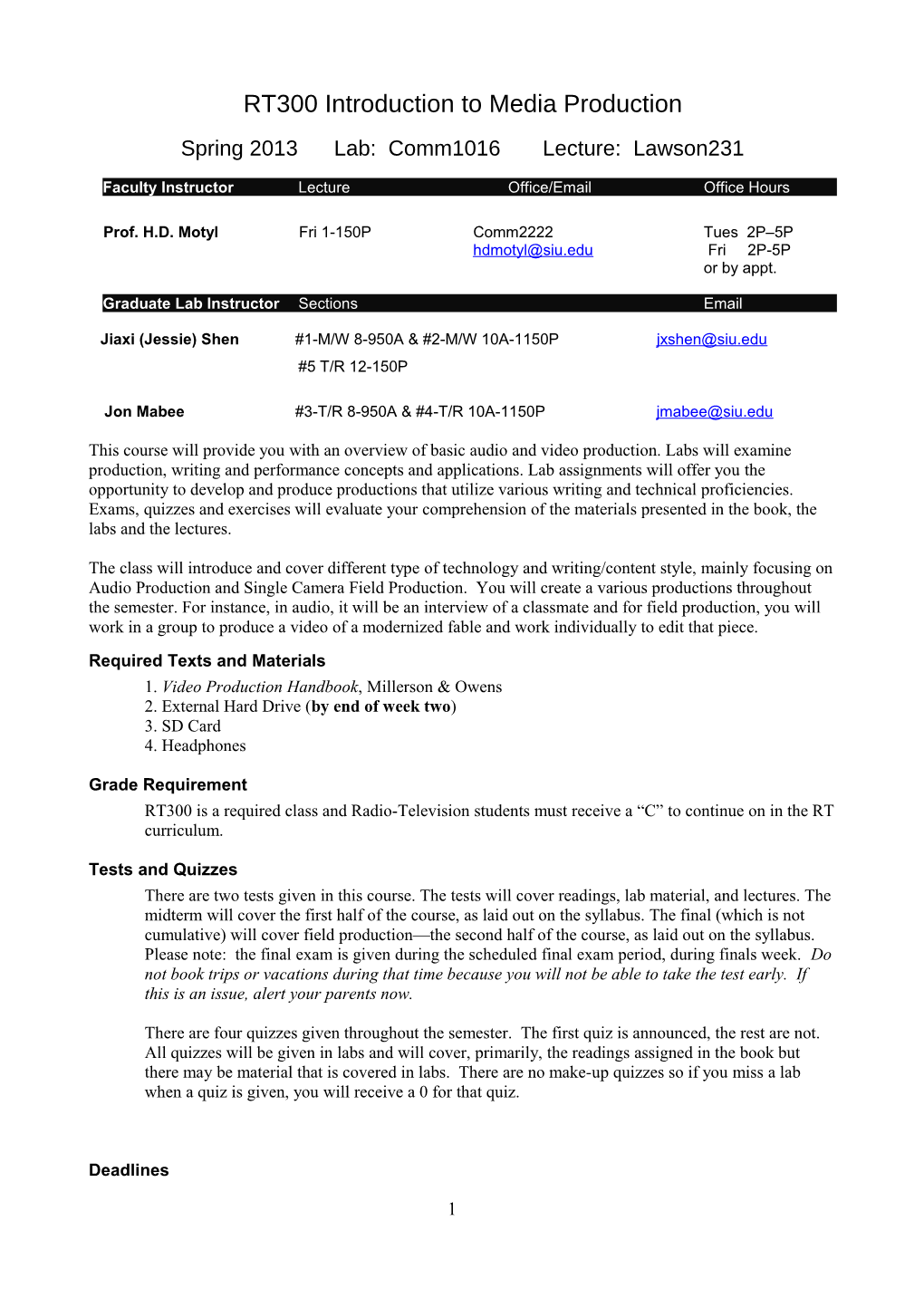 Faculty Instructor Lecture Office/Email Office Hours