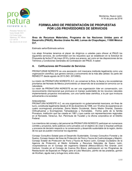 FORMULARIO DE PRESENTACIÓN DE PROPUESTAS POR LOS PROVEEDORES DE SERVICIOS Pronatura Noreste A.C