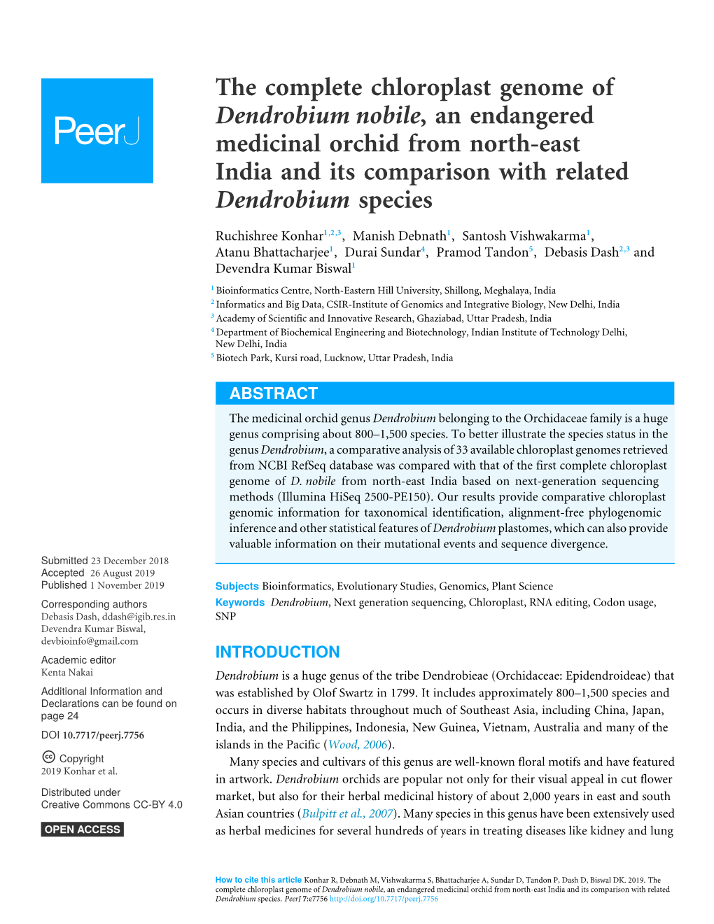 The Complete Chloroplast Genome of Dendrobium Nobile, an Endangered Medicinal Orchid from North-East India and Its Comparison with Related Dendrobium Species