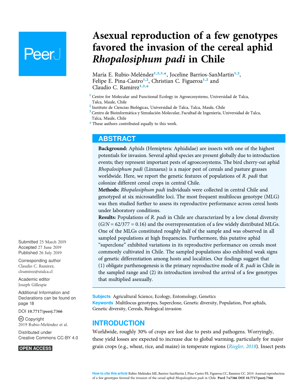 Asexual Reproduction of a Few Genotypes Favored the Invasion of the Cereal Aphid Rhopalosiphum Padi in Chile