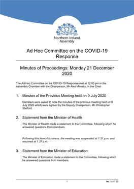 Ad Hoc Committee on the COVID-19 Response Meeting Minutes Of