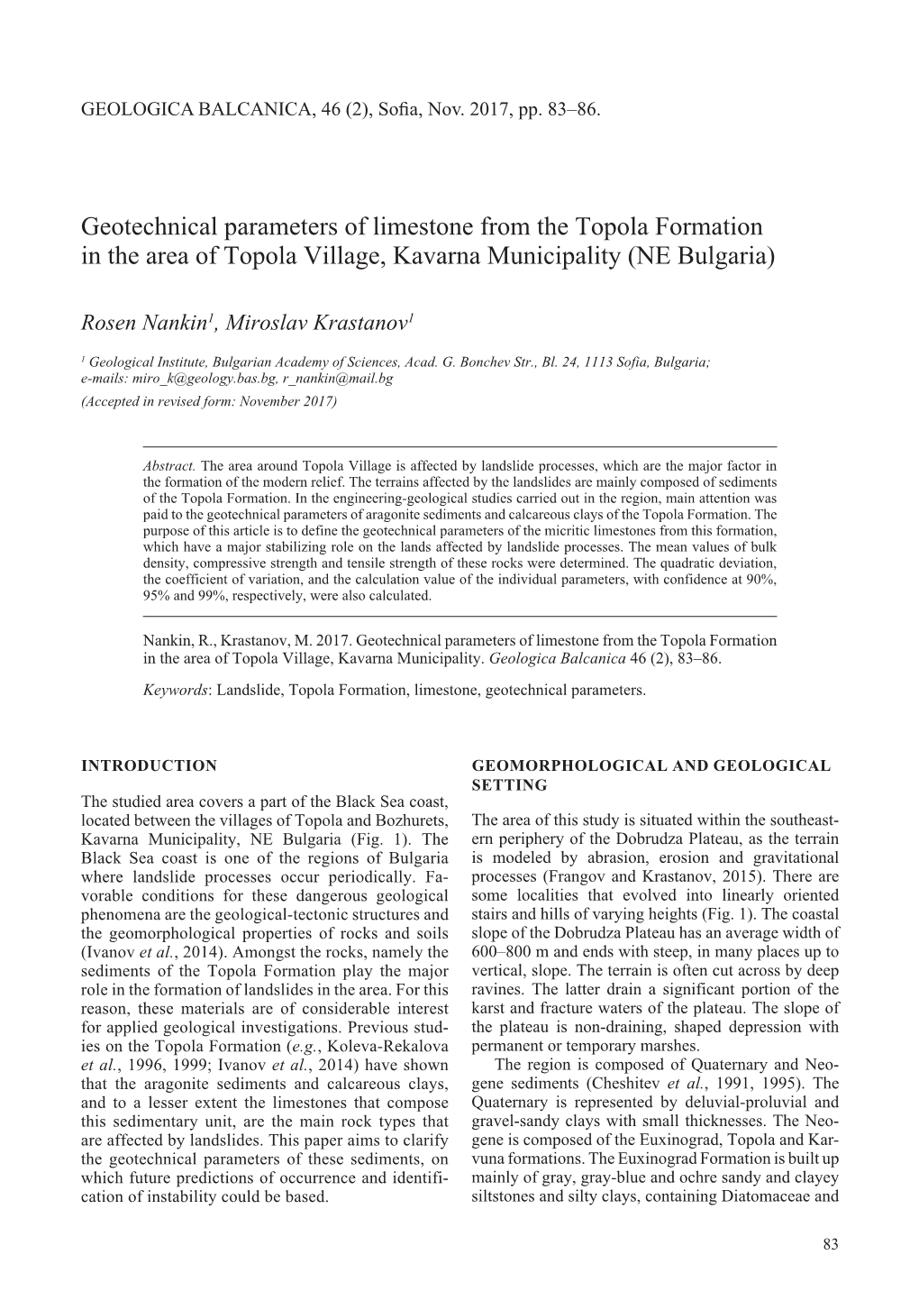 Geotechnical Parameters of Limestone from the Topola Formation in the Area of Topola Village, Kavarna Municipality (NE Bulgaria)