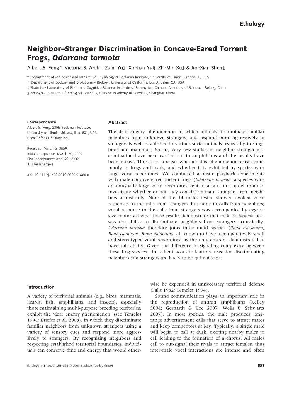 Neighbor–Stranger Discrimination in Concave-Eared Torrent Frogs, Odorrana Tormota Albert S