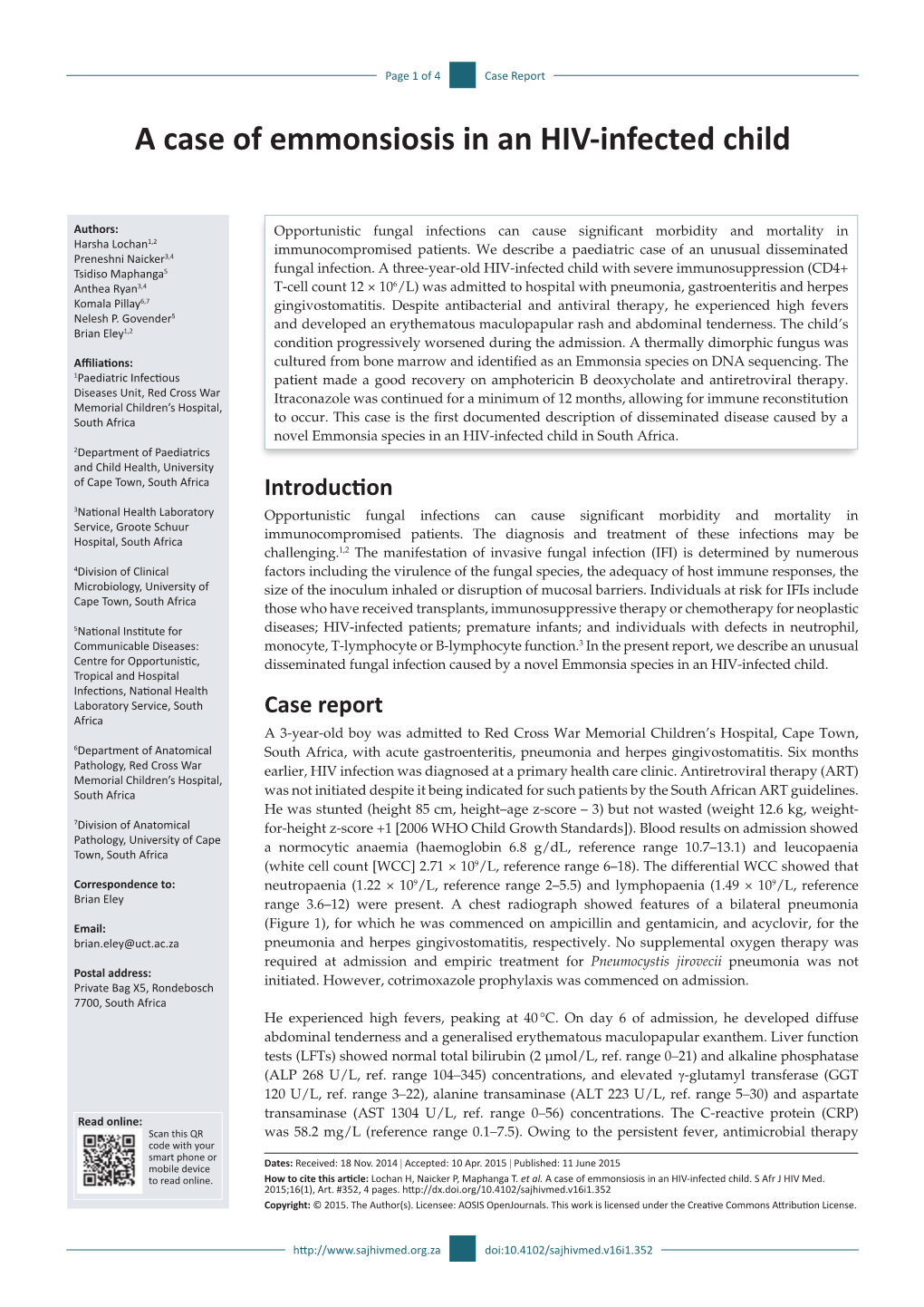 A Case of Emmonsiosis in an HIV-Infected Child