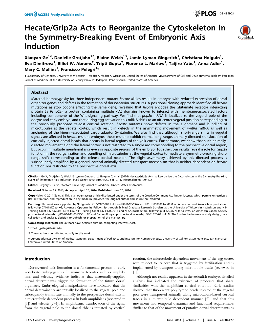 Hecate/Grip2a Acts to Reorganize the Cytoskeleton in the Symmetry-Breaking Event of Embryonic Axis Induction