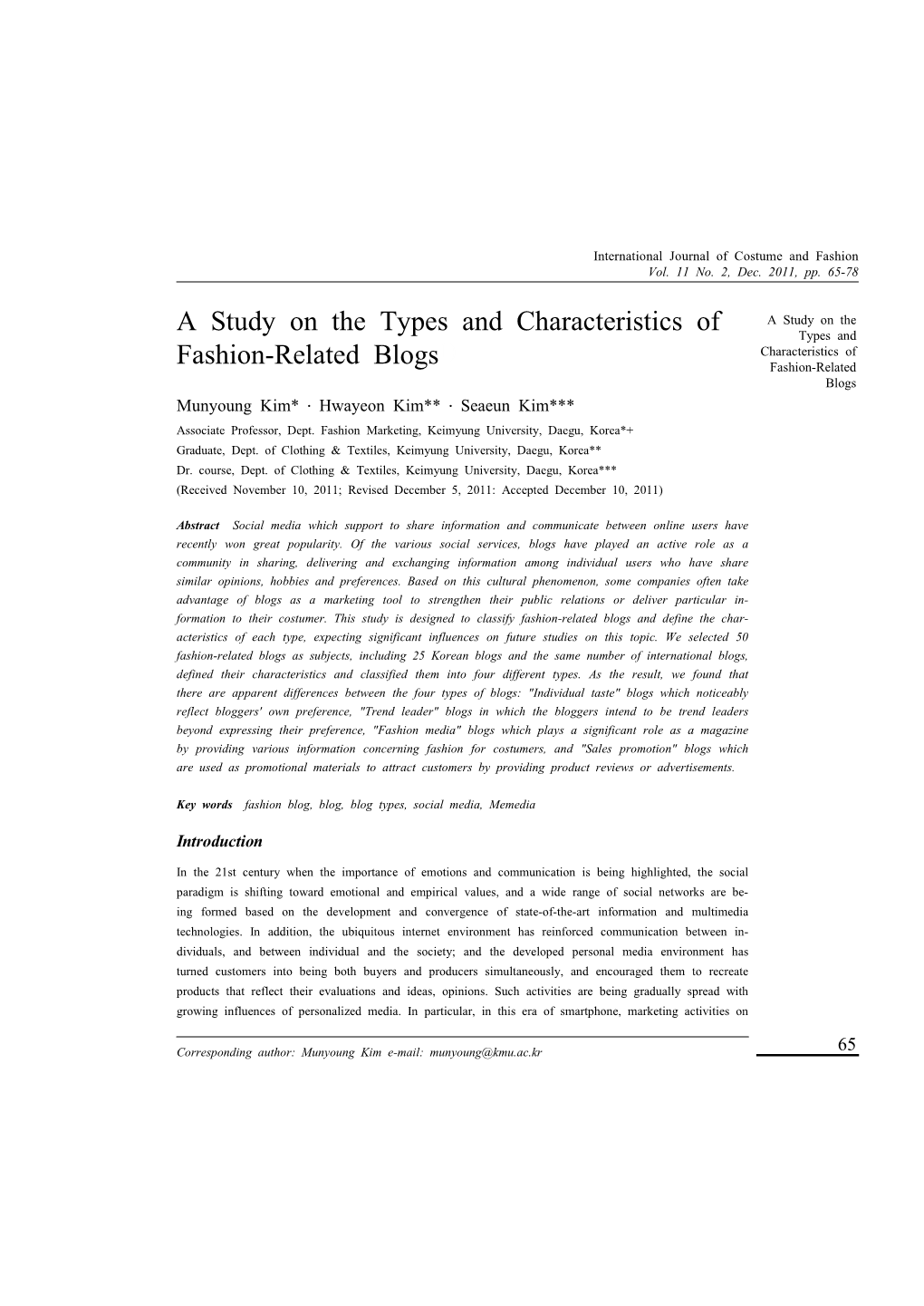 A Study on the Types and Characteristics of Fashion-Related Blogs