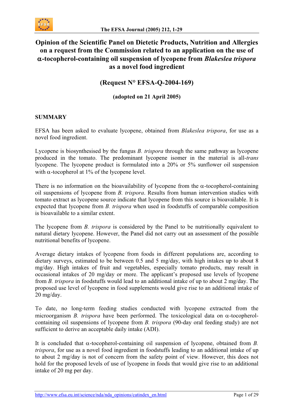 EFSA Opinion on Lycopene from Blakeslea Trispora (21.04.2005)
