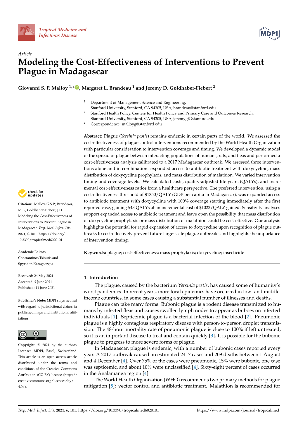 Modeling the Cost-Effectiveness of Interventions to Prevent Plague in Madagascar