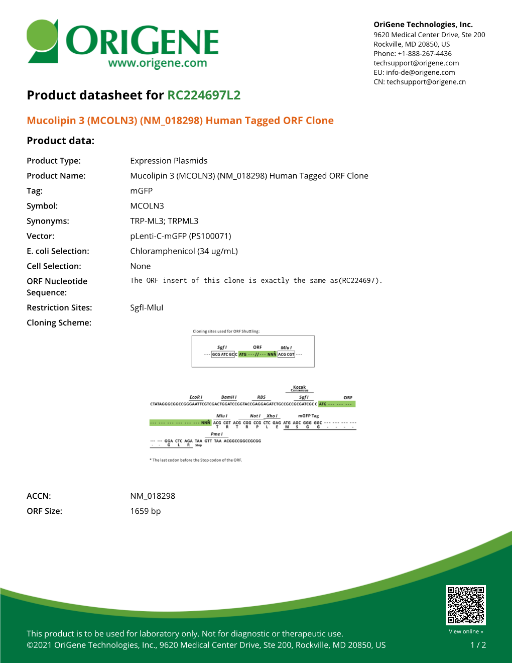 (MCOLN3) (NM 018298) Human Tagged ORF Clone Product Data