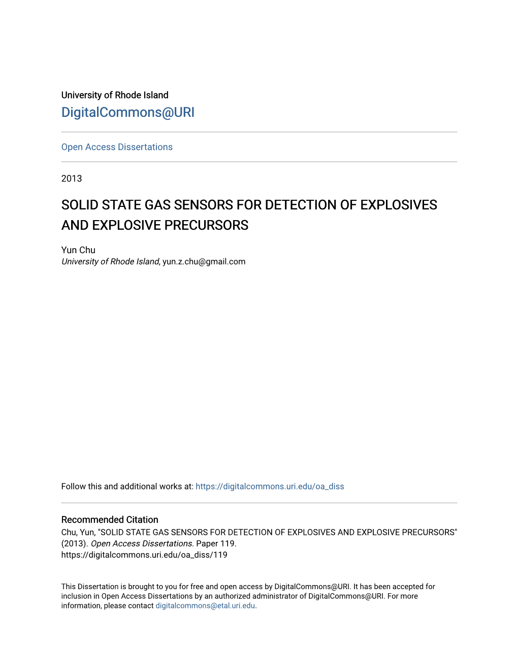 Solid State Gas Sensors for Detection of Explosives and Explosive Precursors