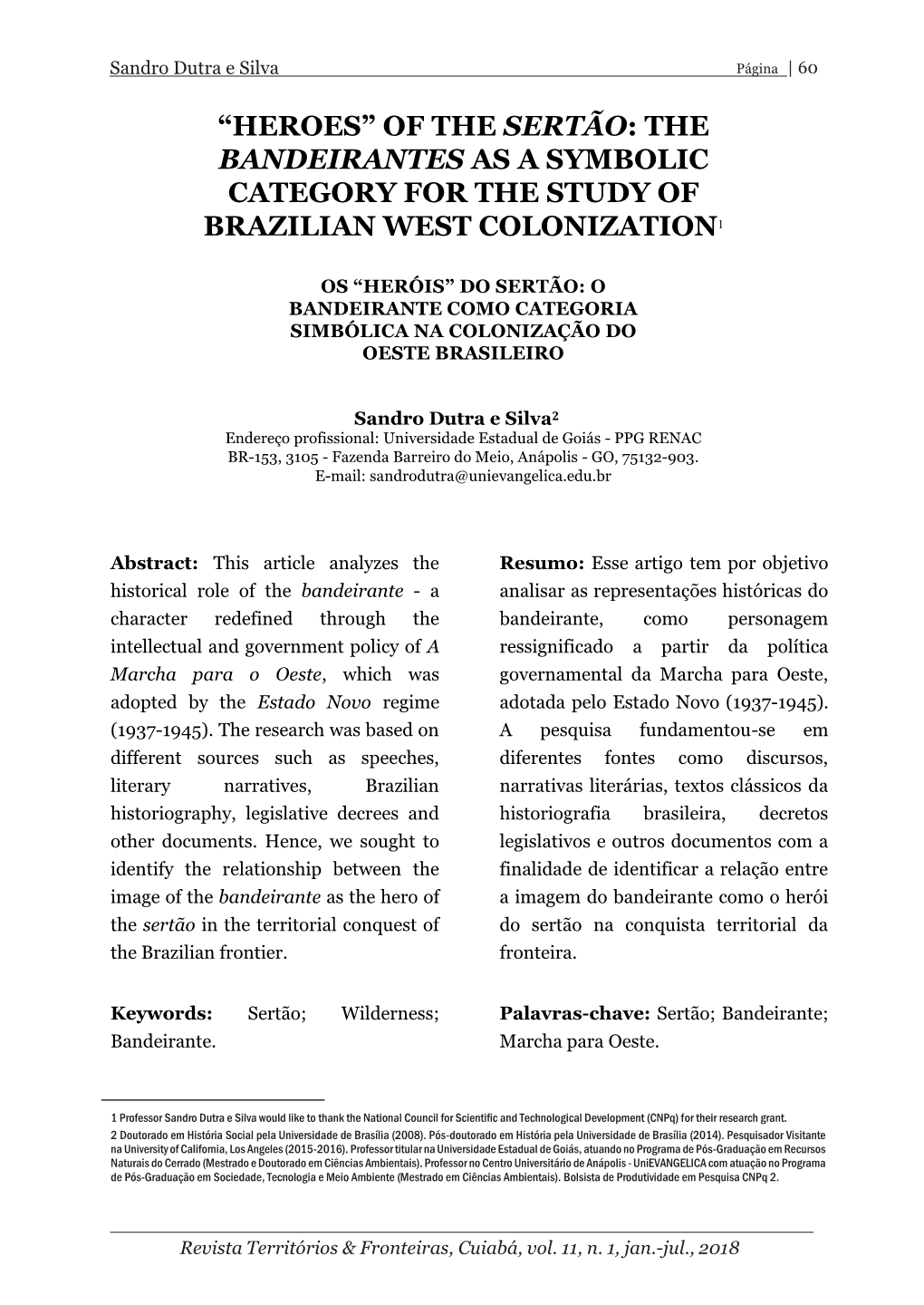 Of the Sertão: the Bandeirantes As a Symbolic Category for the Study of Brazilian West Colonization1