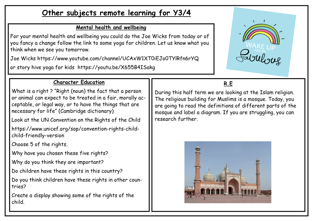 Other Subjects Remote Learning for Y3/4