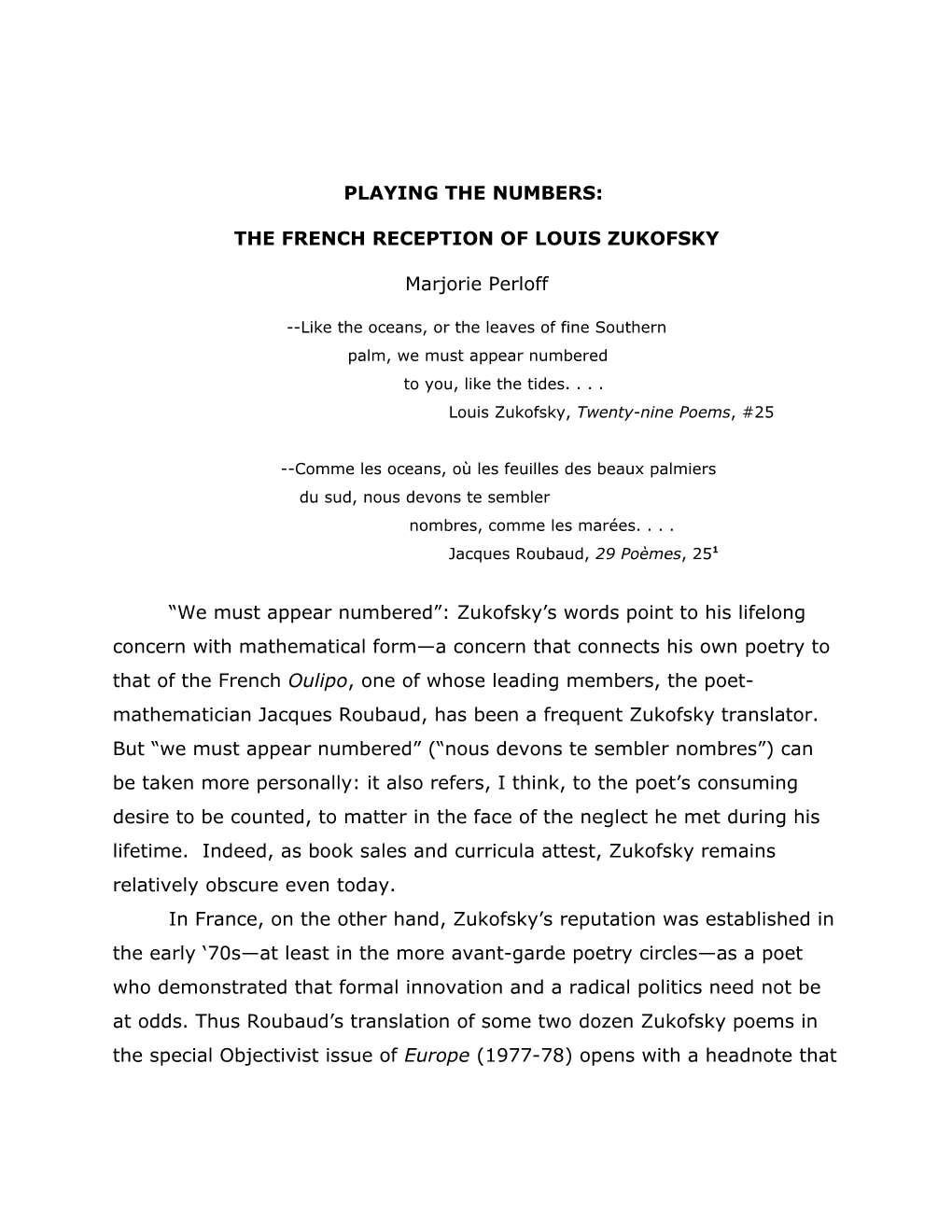 From A-22 to OULIPO: Zukofsky S French Connection