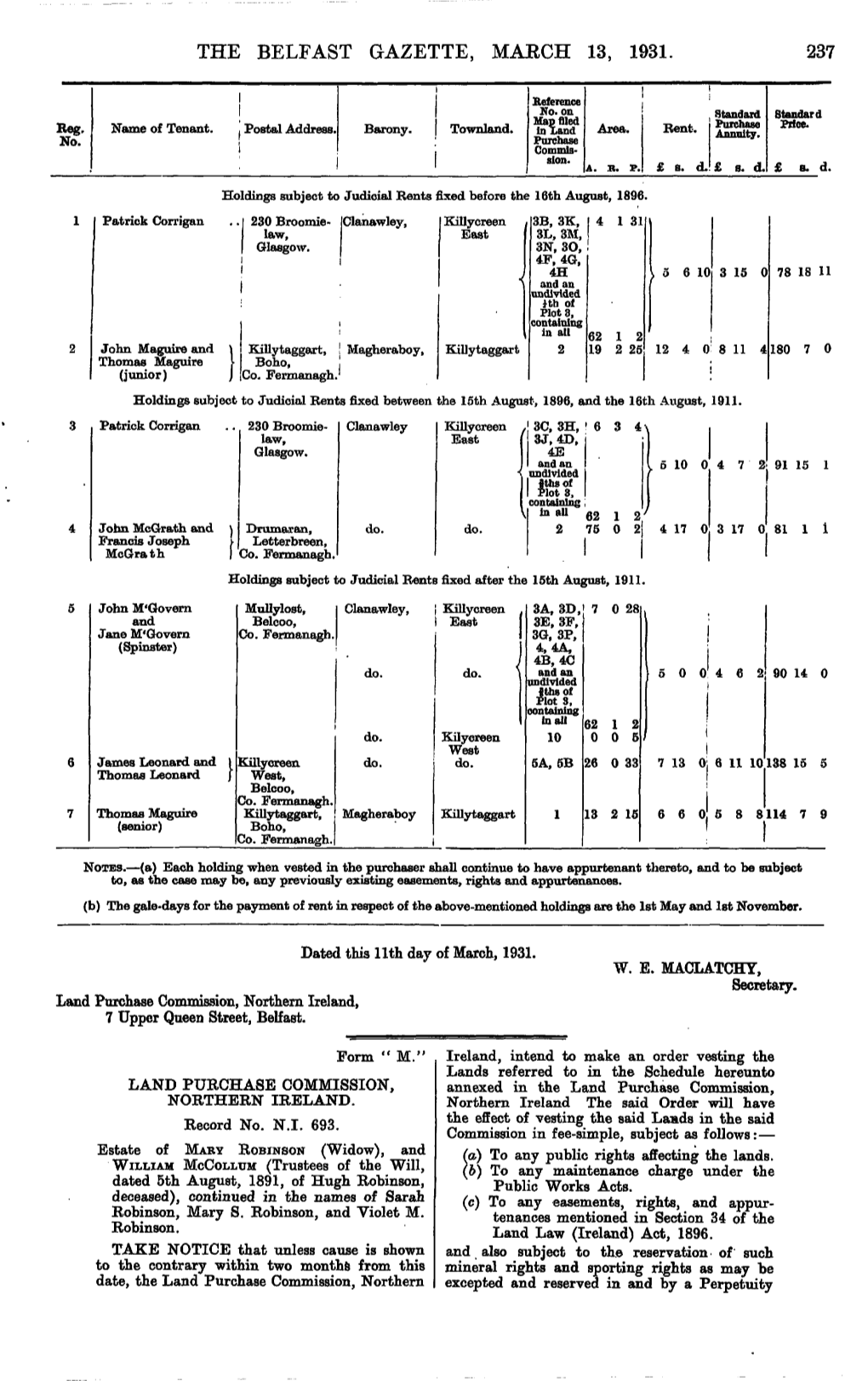 The Belfast Gazette, Mabch 13, 1931. 237