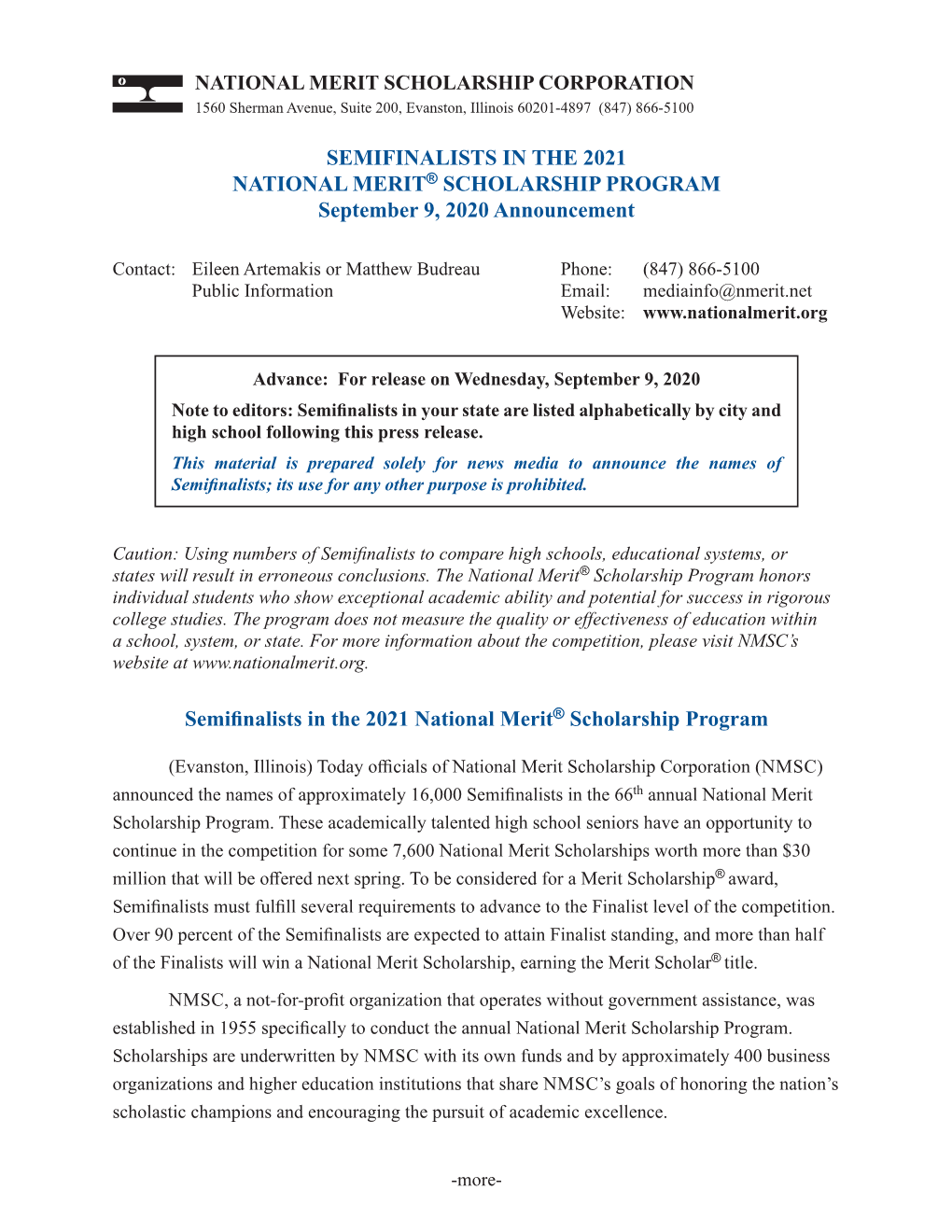 See the News Release from National Merit Scholarship Corporation