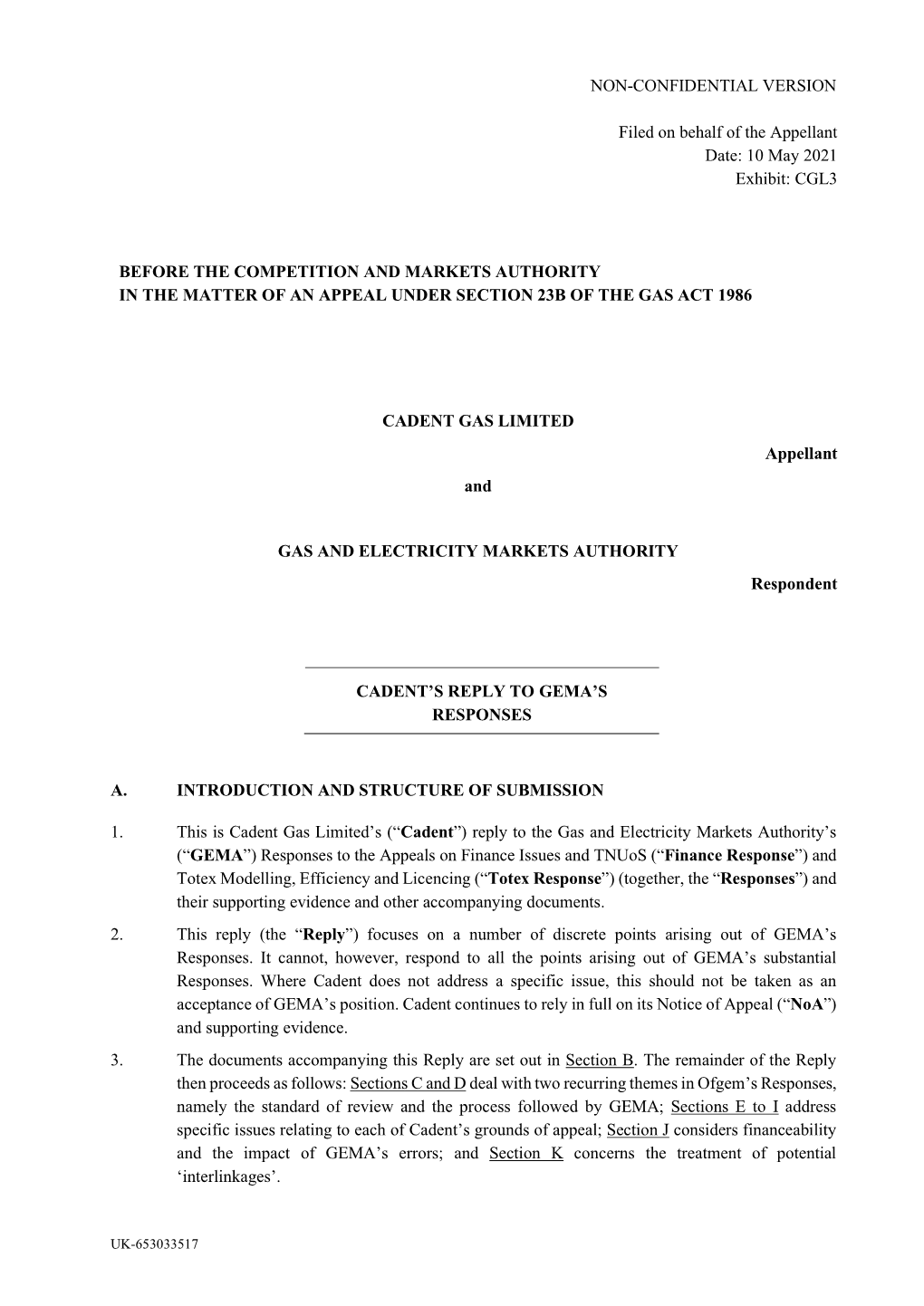 CADENT GAS LIMITED Appellant And