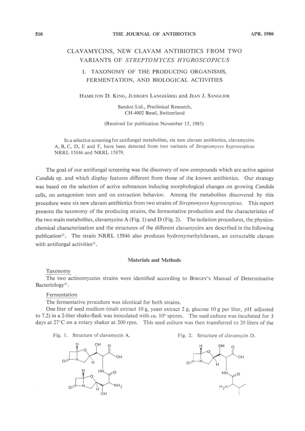 Clavamycins, New Clavam Antibiotics from Two Variants of Streptomyces Hygroscopicus