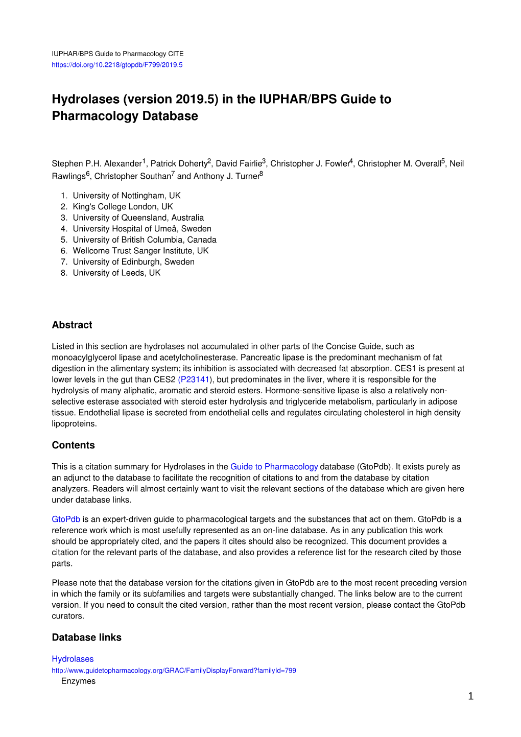 Hydrolases (Version 2019.5) in the IUPHAR/BPS Guide to Pharmacology Database