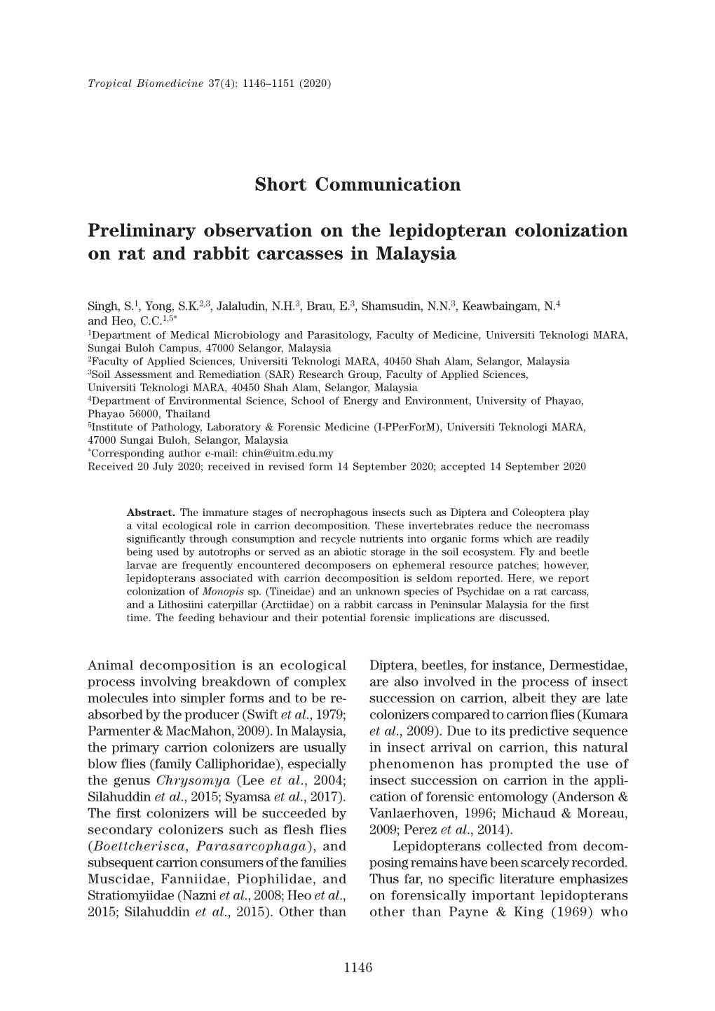 Preliminary Observation on the Lepidopteran Colonization on Rat and Rabbit Carcasses in Malaysia