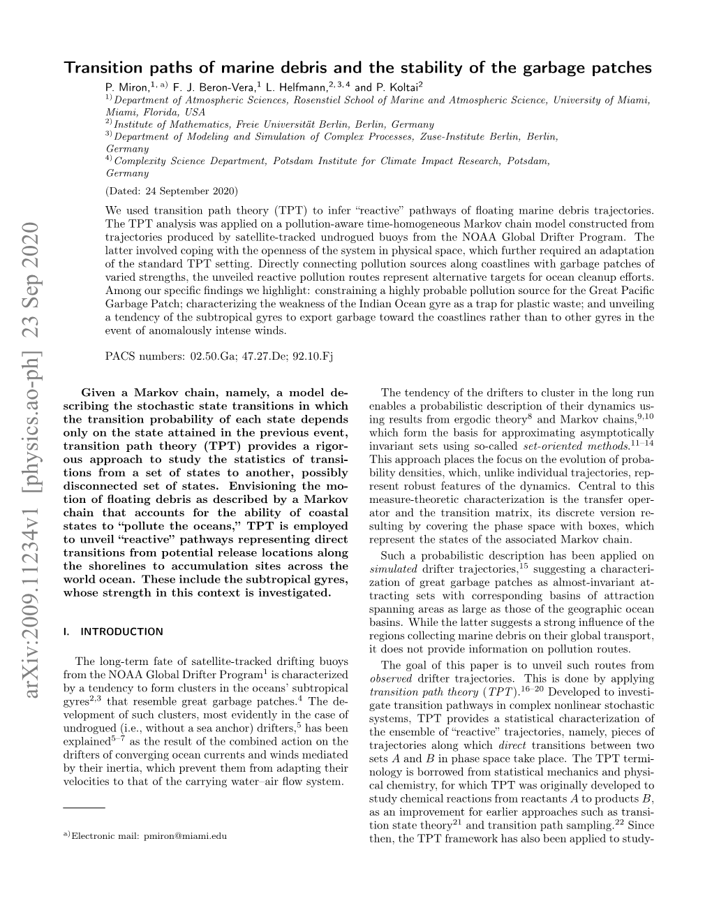 Arxiv:2009.11234V1 [Physics.Ao-Ph] 23 Sep 2020 2,3 4 Gyres That Resemble Great Garbage Patches