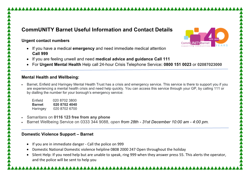 Community Barnet Useful Information and Contact Details