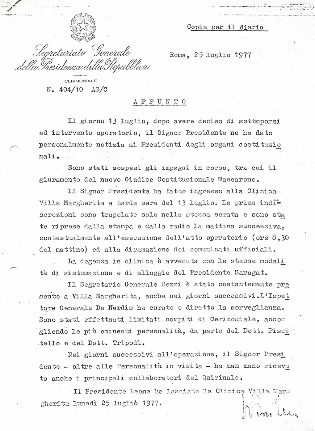 Copia Per Il Diario Segretariato Generale Roma, 2 5 Luglio 1977 N